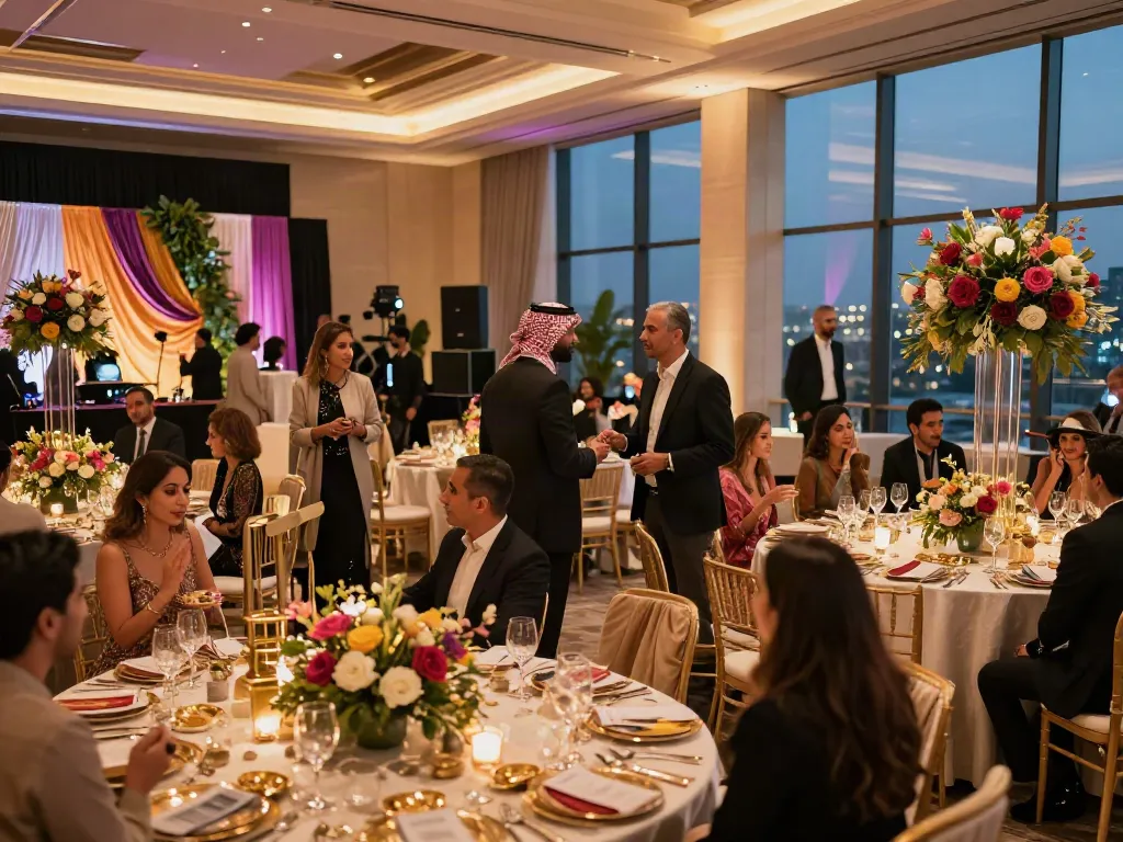 Event rental ksa setup featuring elegant gala night with luxurious tables and sophisticated audiovisual equipment.