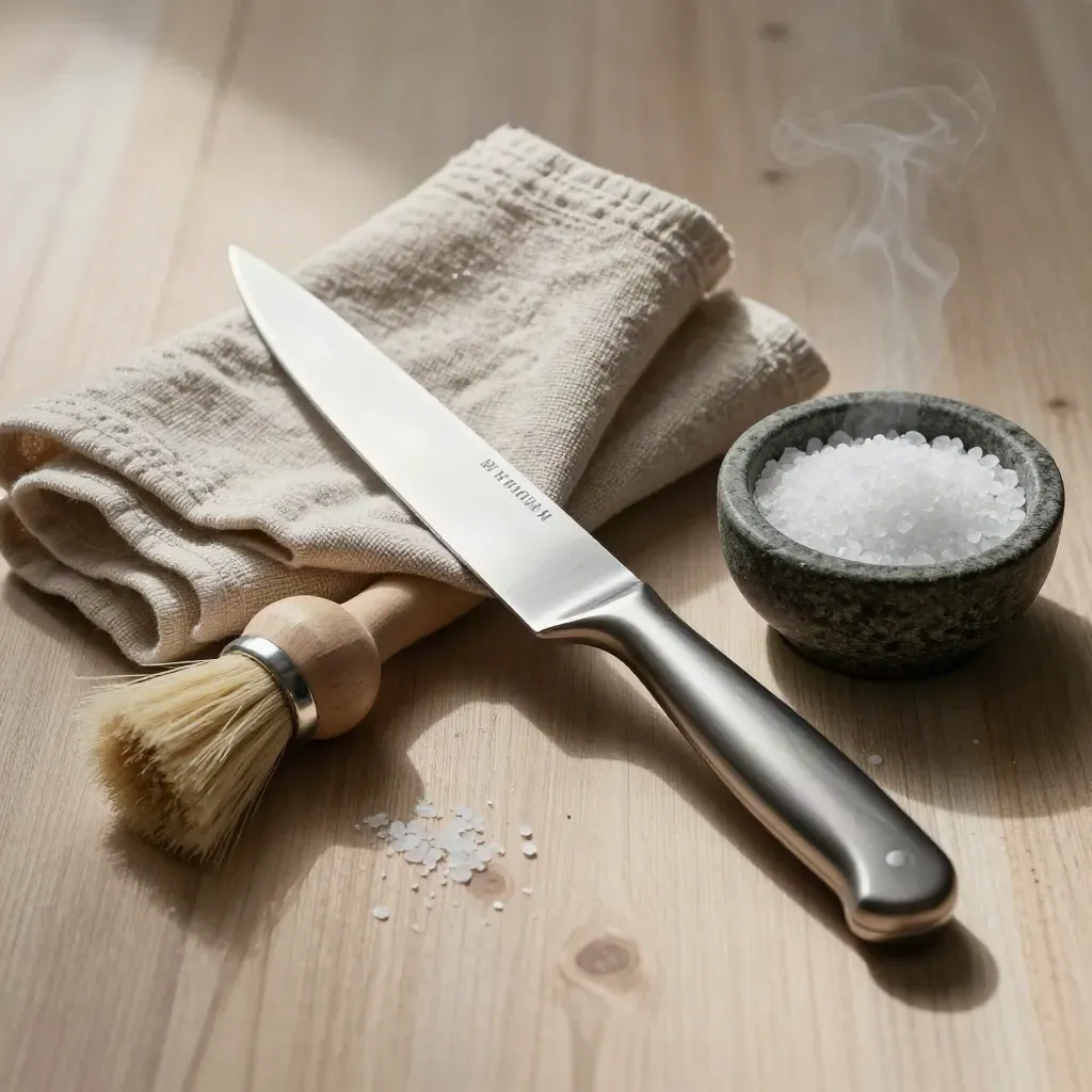 Chef’s knife, linen towel, mushroom brush and salt bowl on pale wood with warm steam