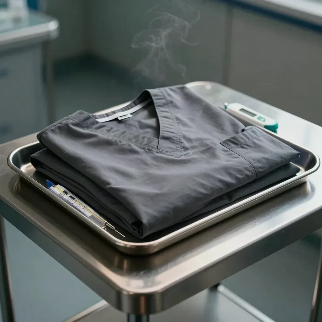 Clinical tray with folded scrubs, sample vials, and a thermometer case on brushed steel.