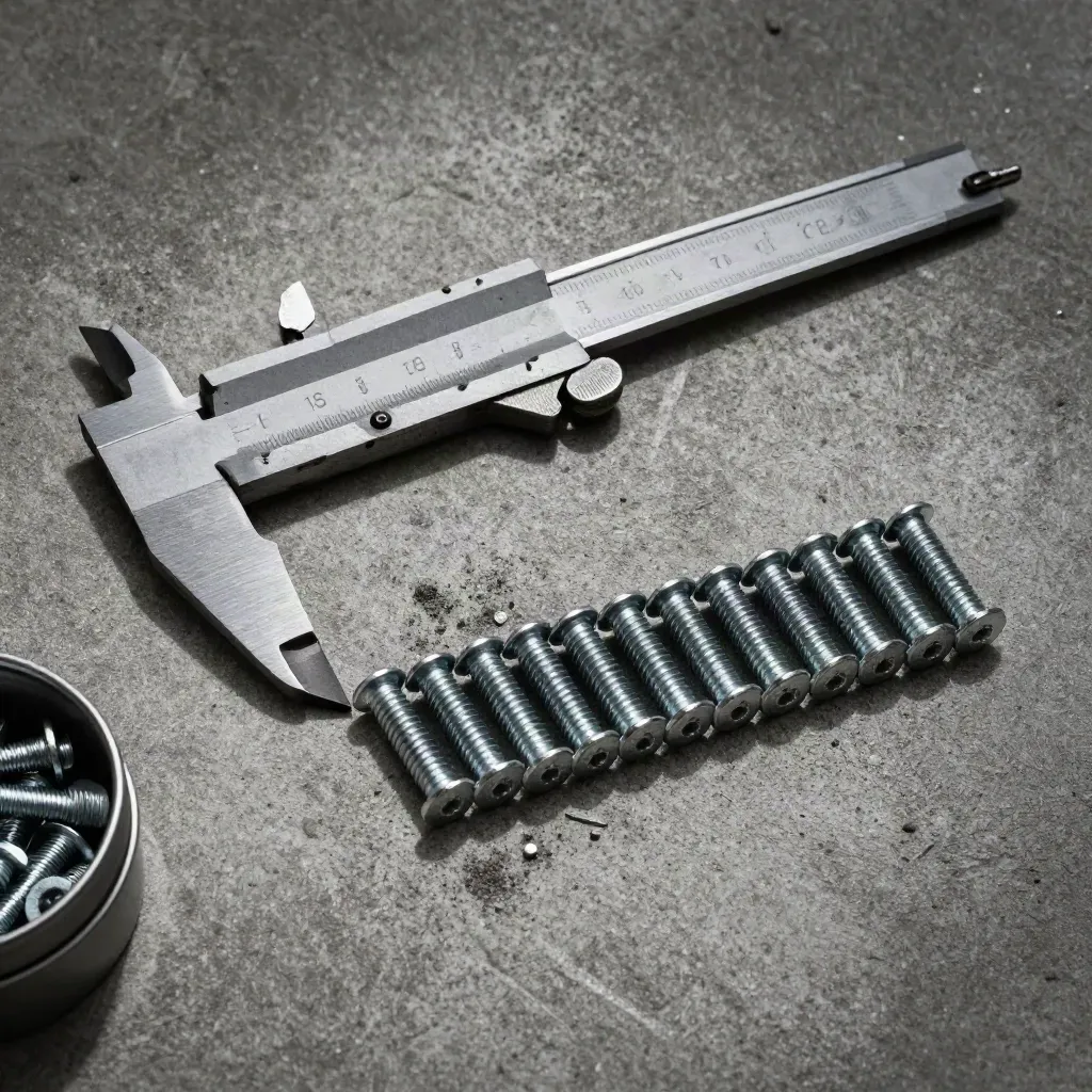 Overhead caliper, sealed parts tin, and steel fasteners on raw concrete with fine metal dust.