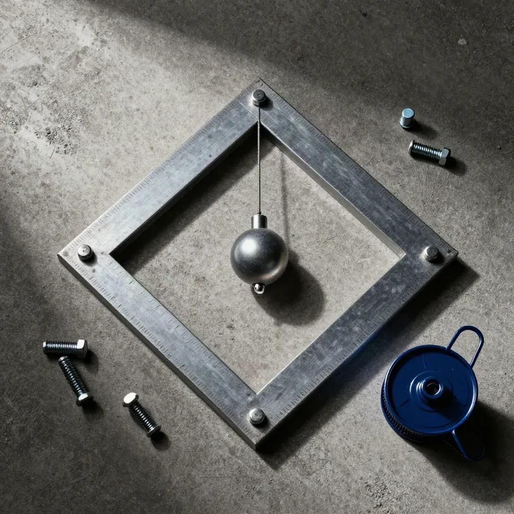 Overhead concrete still life with a steel square, plumb bob, bolts and chalk line reel.