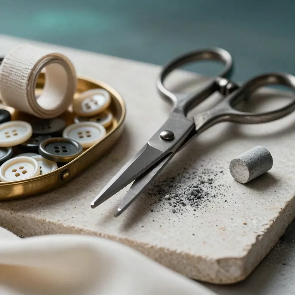 Tailor's shears, brass buttons, linen tape and chalk on pale stone with teal accent.