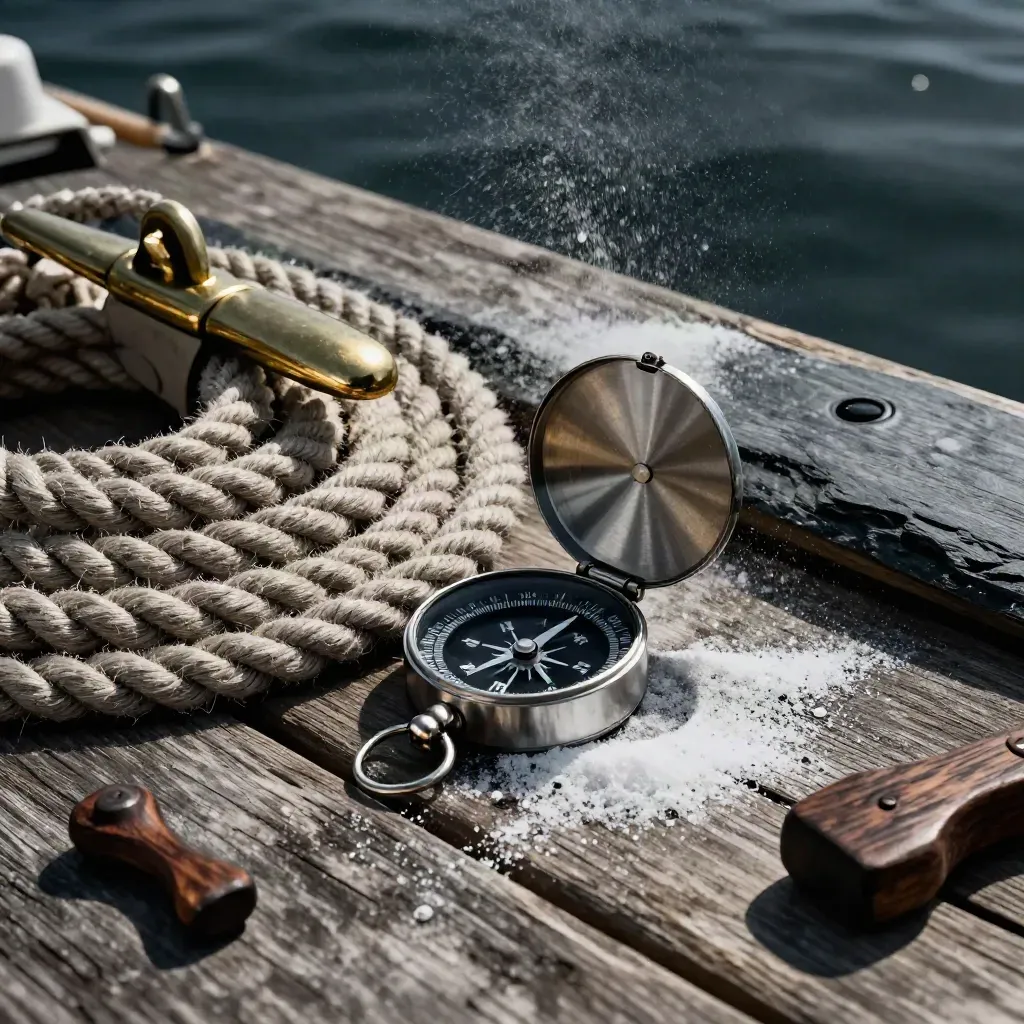 Dock line, brass cleat, compass, and teak hardware on weathered wood