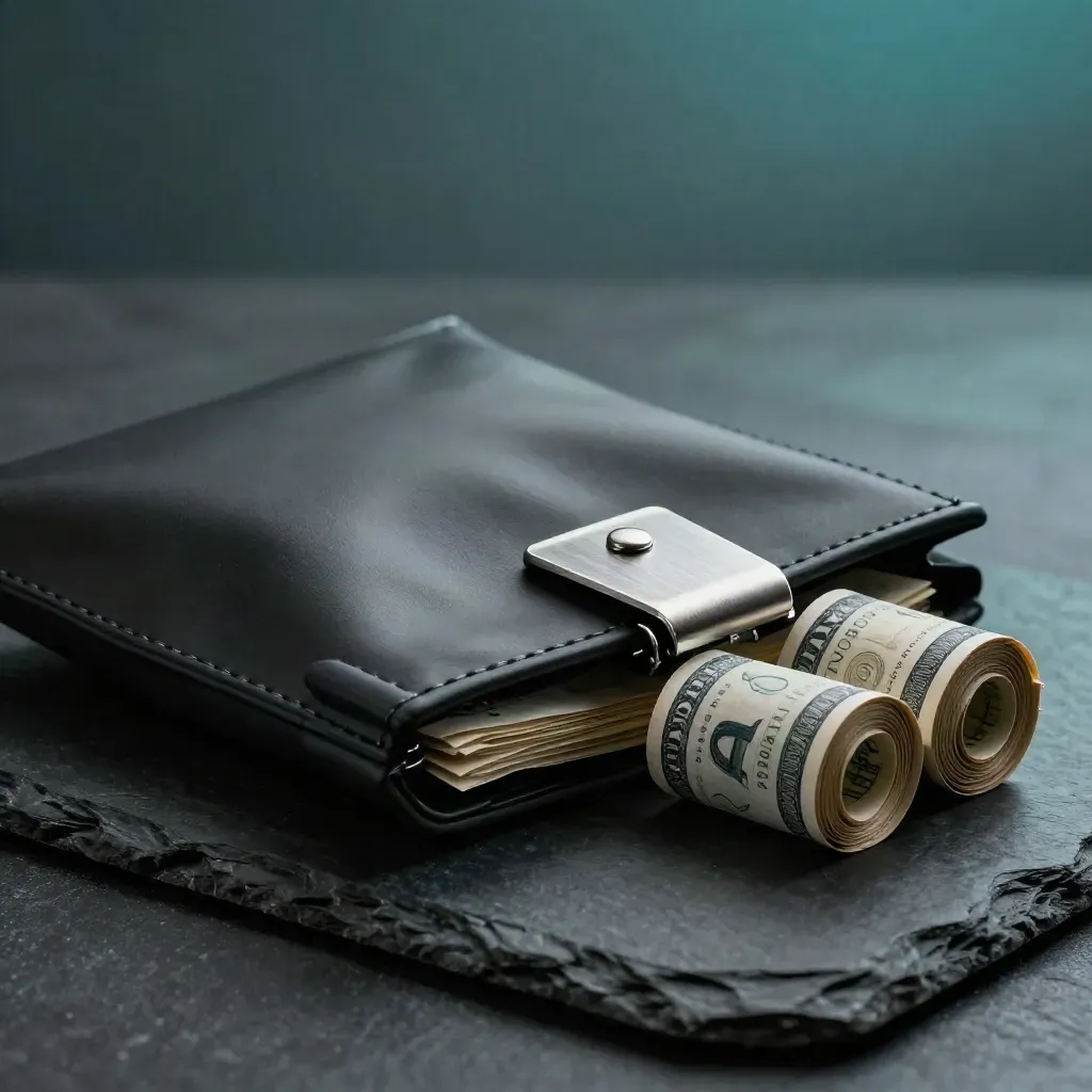 Deposit pouch, steel clip, and rolled bands on dark stone in a moody payroll still life.