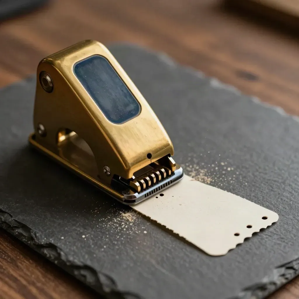 Macro brass time clock punch mid-strike with two perforated time cards and paper dust.