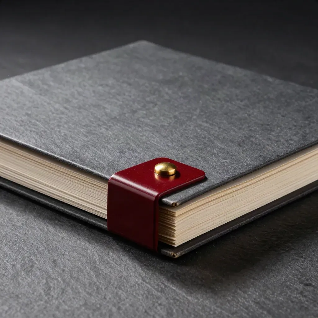 Accordion tax archive folder with carbon sheets, brass clasp, and red seal on slate