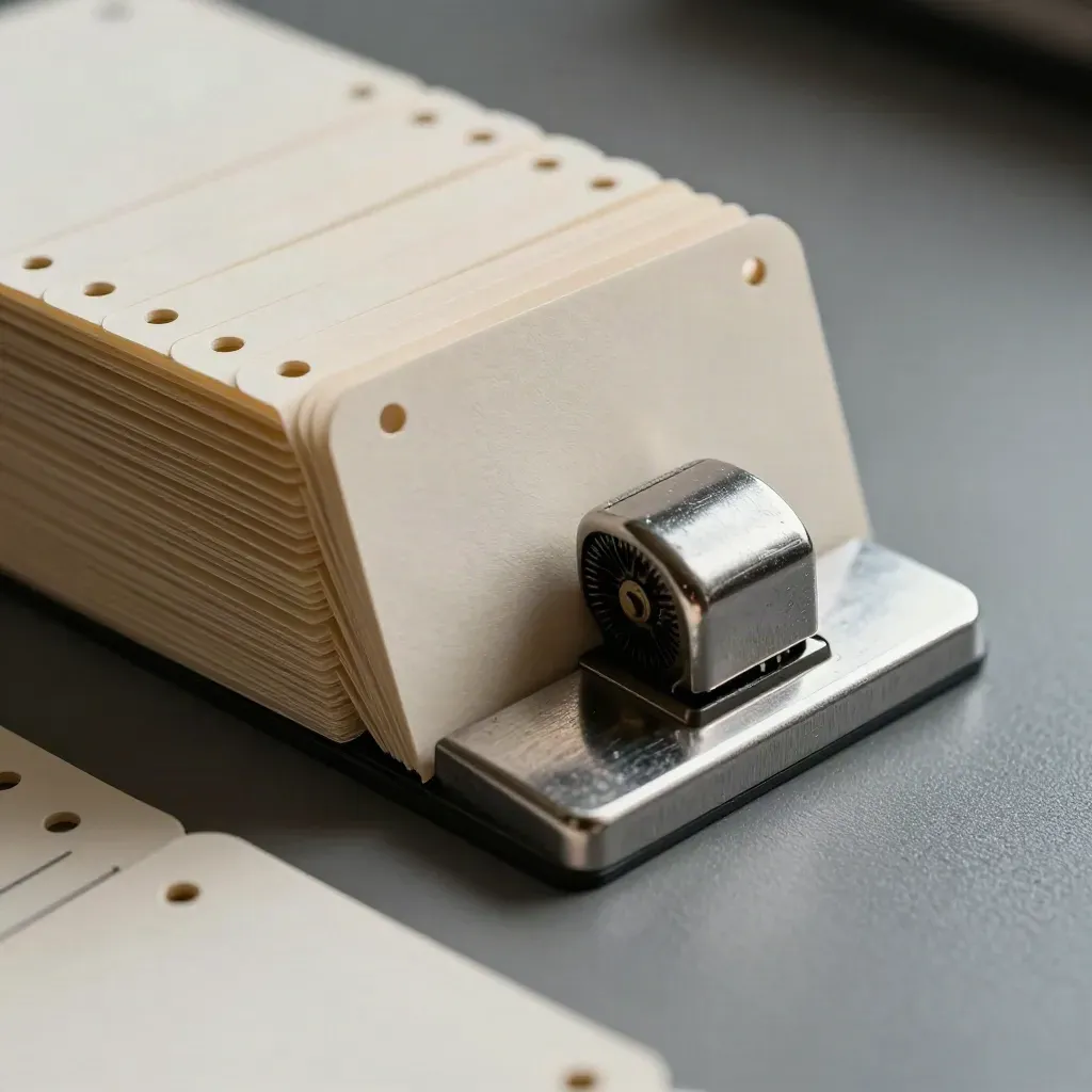 Overhead macro of blank time cards clipped with a metal counter wheel