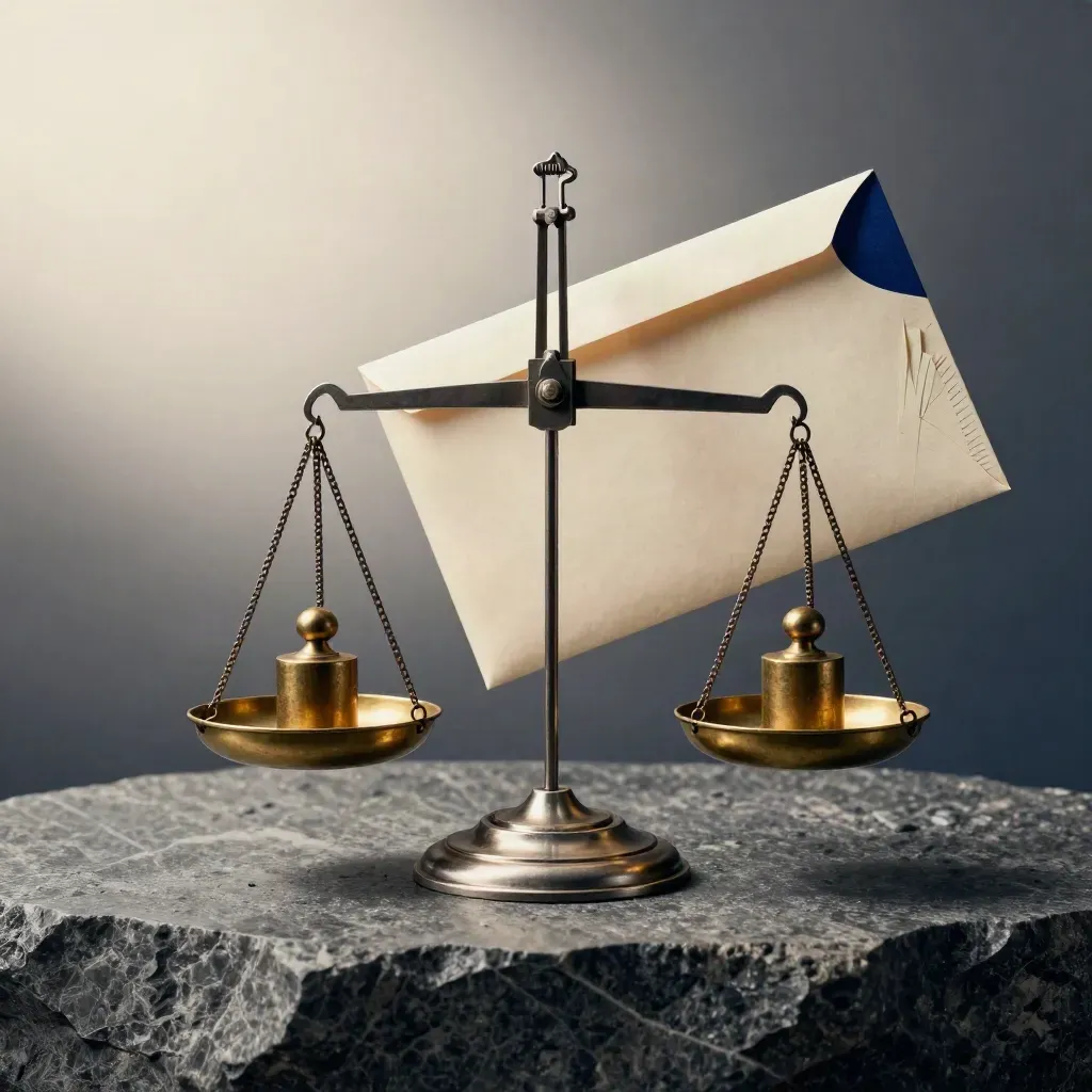 Brass balance scale with weights and a clipped benefits envelope on limestone.