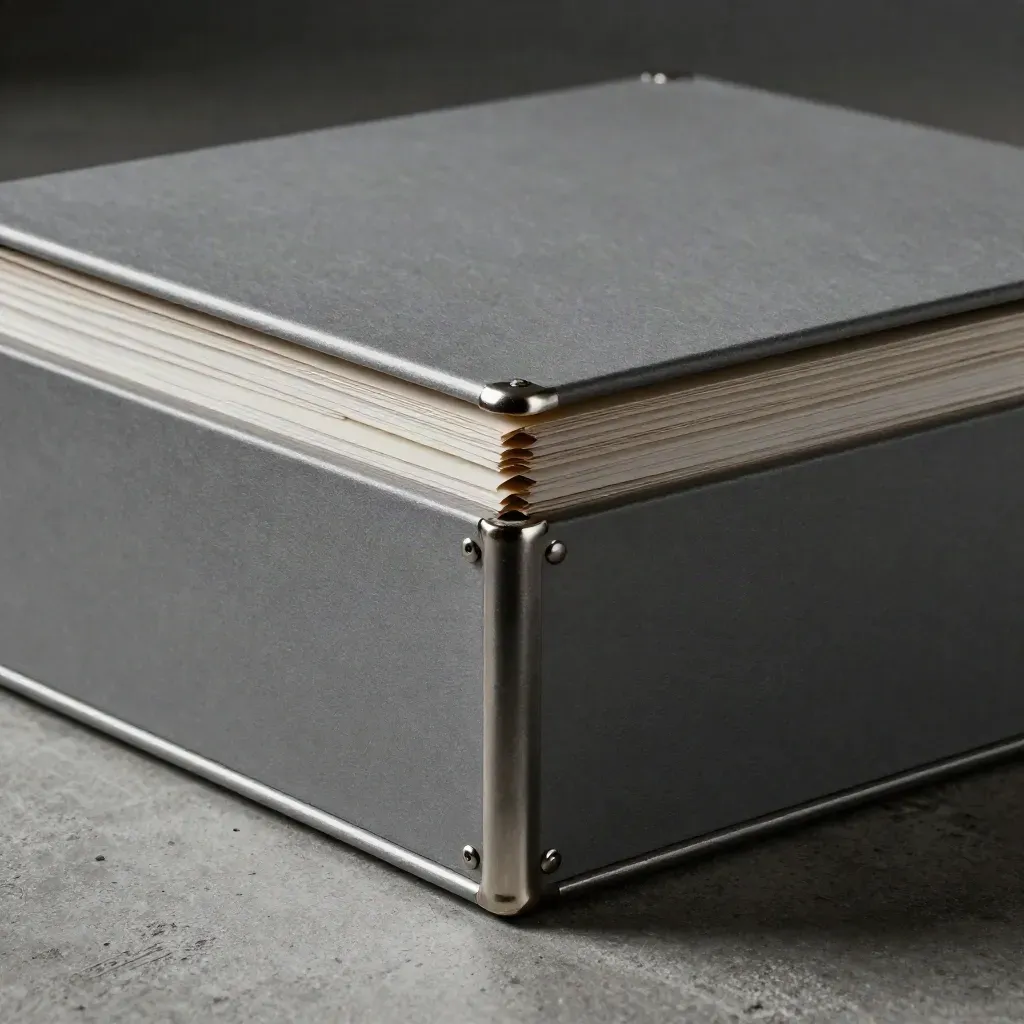Sealed archive box with metal corners and dividers on concrete, lit softly