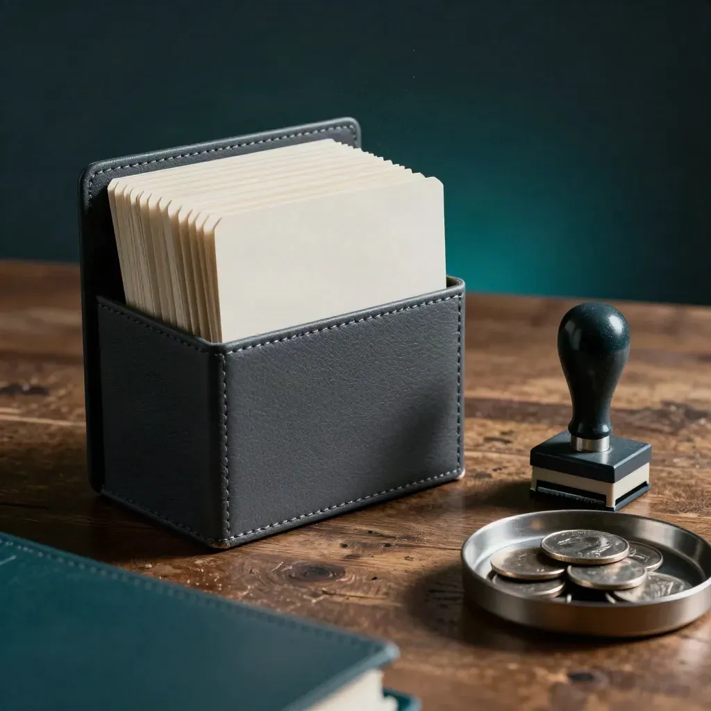 Payroll binder, punch cards, stamp, and coin tray on a worn desk, seen through a blurred file tab.