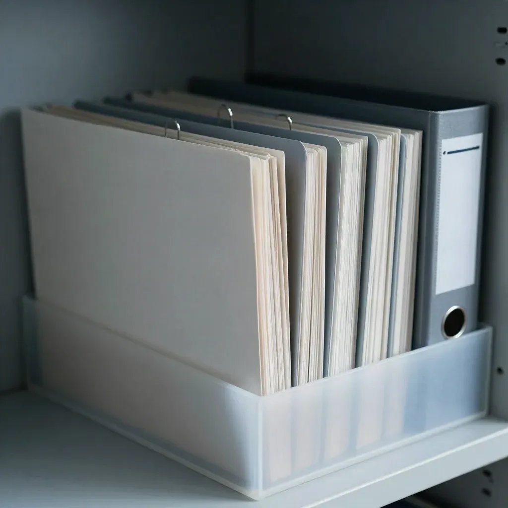 Frosted file boxes and folder stacks on a pale shelf, seen through a soft tray edge.