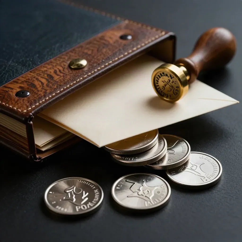 Metal approval tokens, sealed envelopes, and a brass stamp on dark studio surface