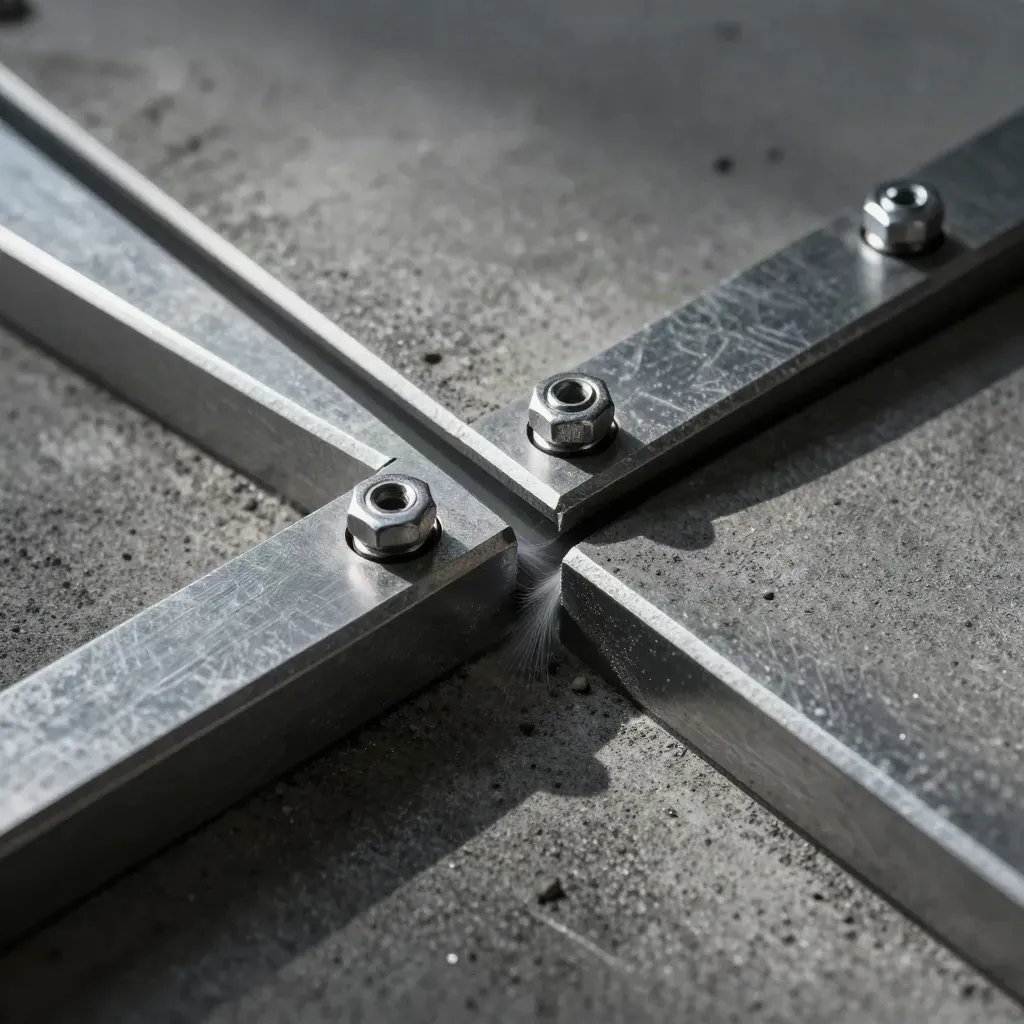 Top-down macro of metal dovetail joins and fasteners aligning on concrete in skimming light.