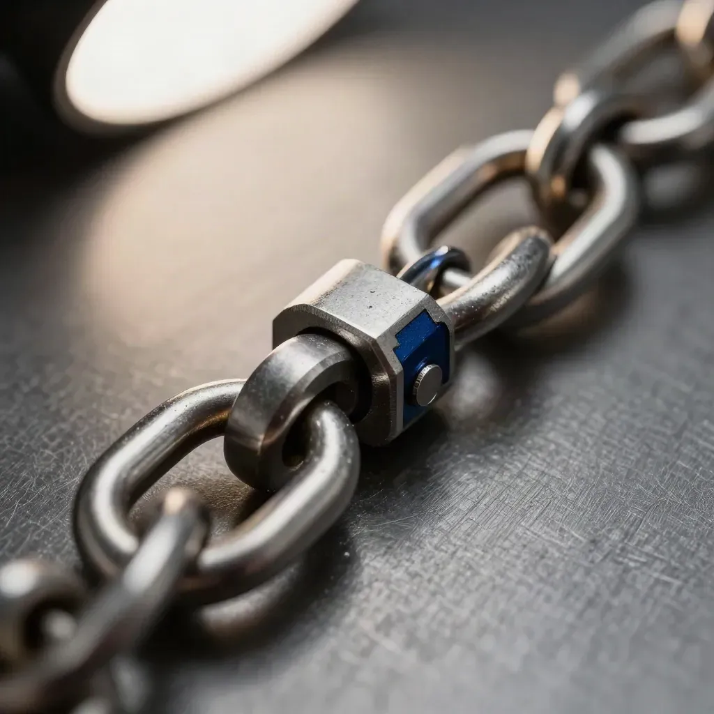 Matte steel connector rings and a coupler block on brushed metal with a midnight blue accent.