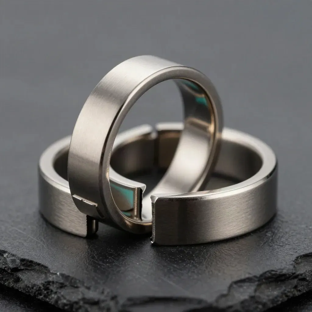 Linked metal rings and a payment clasp on brushed metal, dark studio light, subtle teal accent.