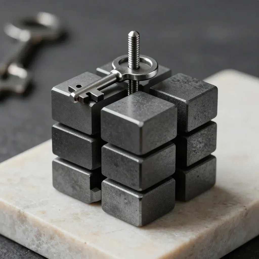Graphite blocks locking into a precise column on pale stone under dramatic light
